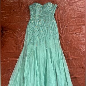 Strapless Teal Prom Dress with Beaded Details